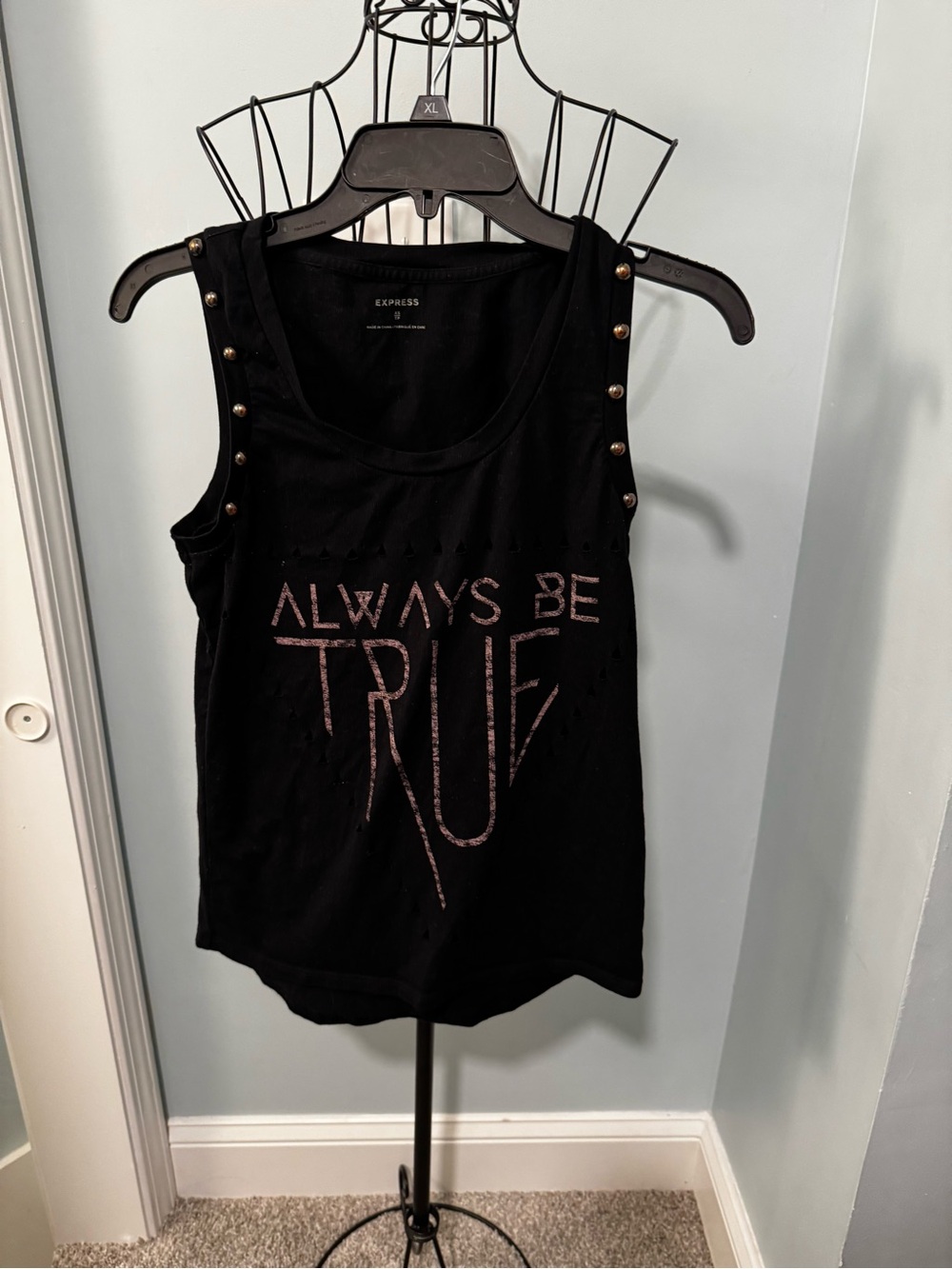 Express Black “Always be True” Tank Top Women’s Extra Small XS Studded cut out